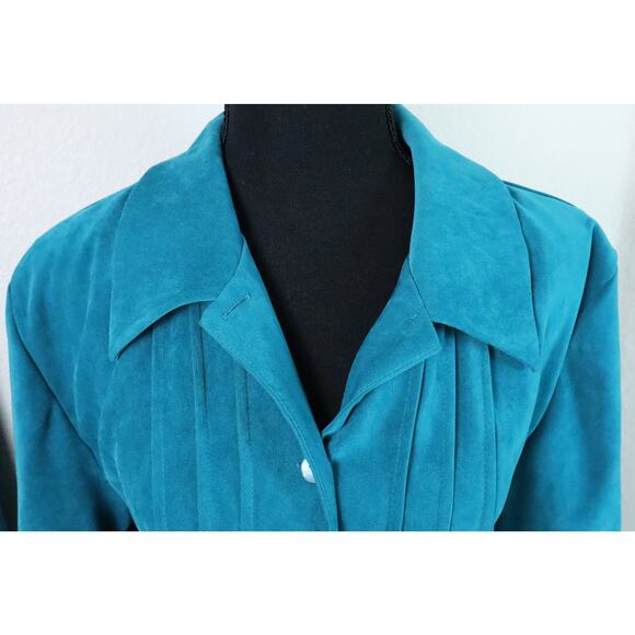 Vintage 90s KORET Teal Blue Green Microsuede Skirt Suit Set Jacket 14 Old Money - Picture 5 of 8